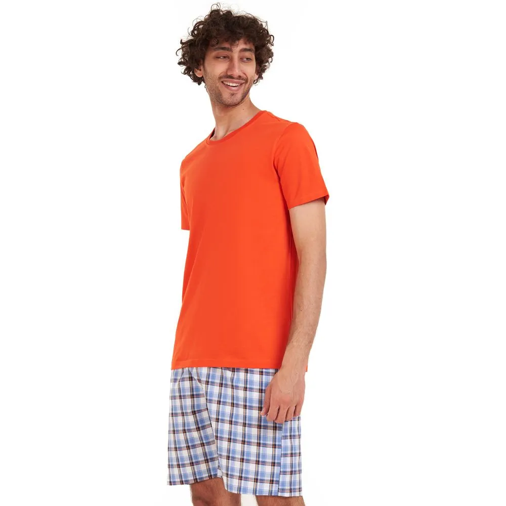 Men summer pajama set Orange T-shirt   White x Yellow checkered short