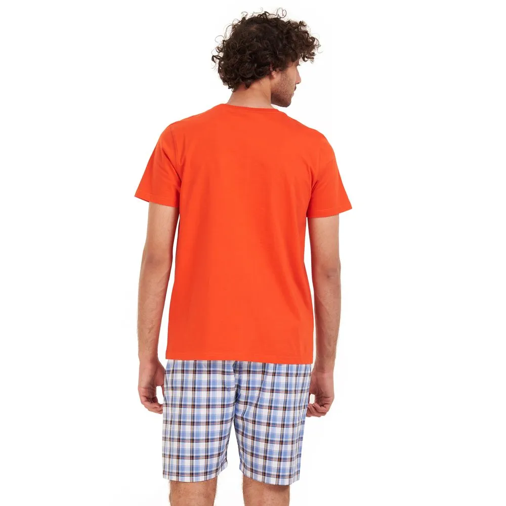 Men summer pajama set Orange T-shirt   White x Yellow checkered short