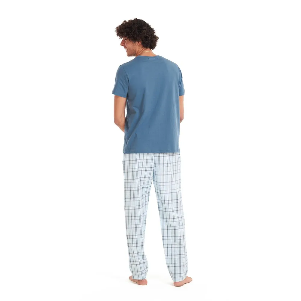 Men summer pajama set Petroleum T-shirt   Light Blue checkered pants