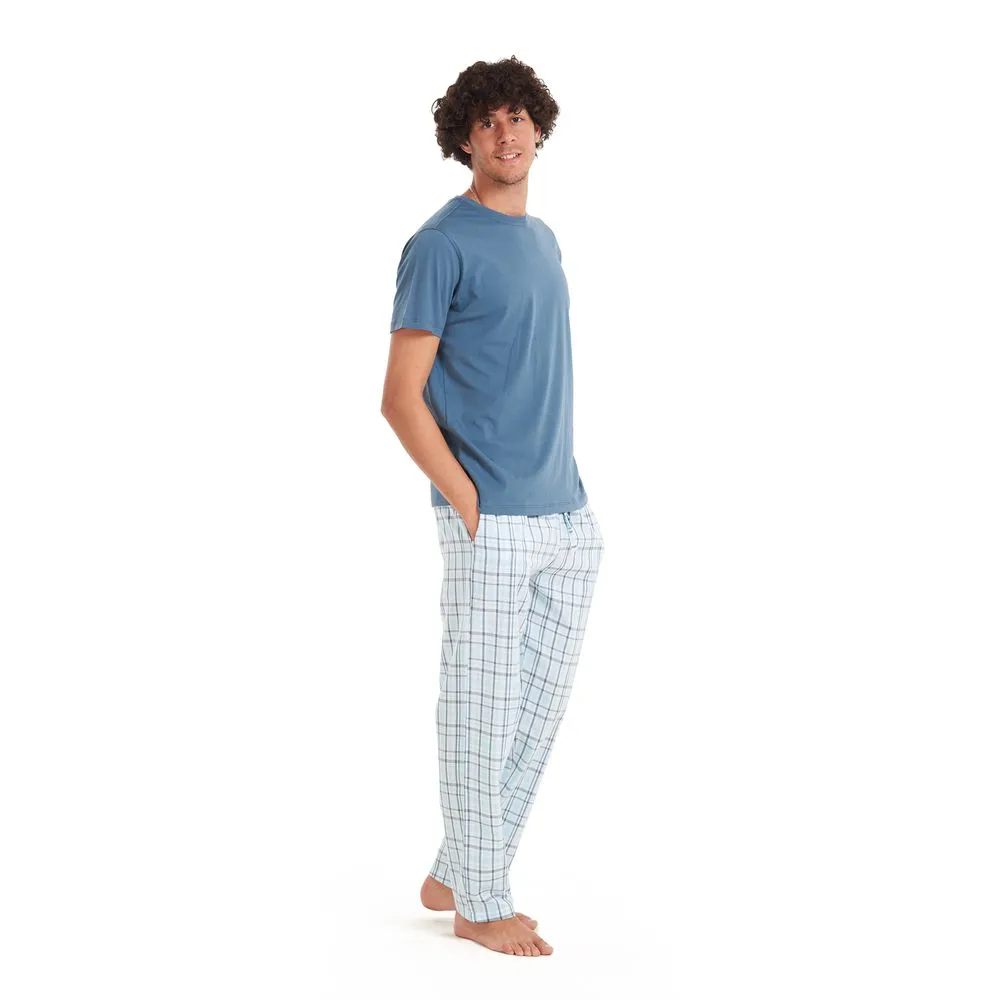 Men summer pajama set Petroleum T-shirt   Light Blue checkered pants