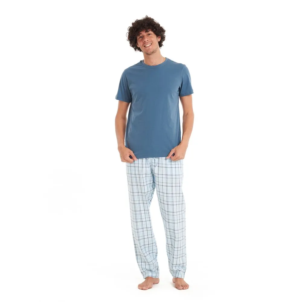 Men summer pajama set Petroleum T-shirt   Light Blue checkered pants