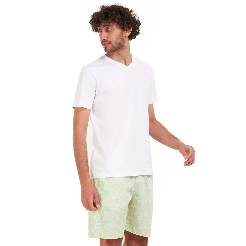 Men summer pajama set White T-shirt   White x Green lines short