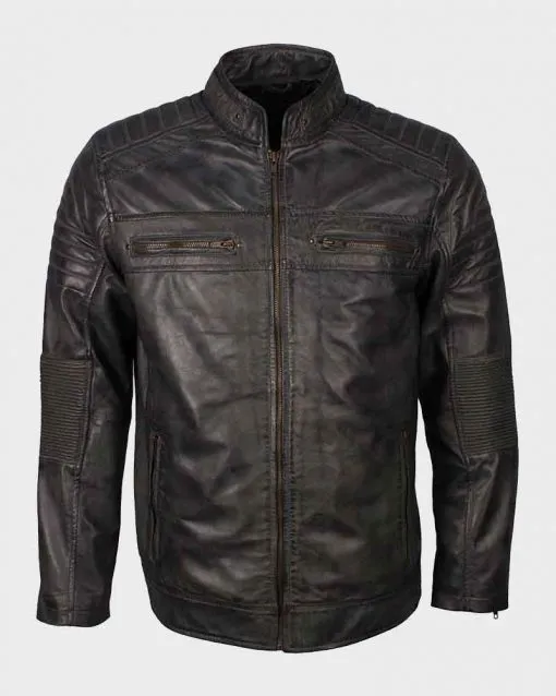 Men's Black Waxed Café Racer Biker Leather Jacket