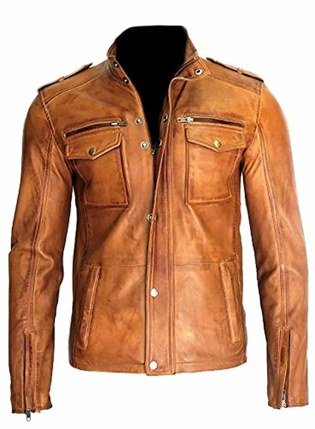 Men's Fashion Real Lambskin Tan Leather Waxed Moto Jacket