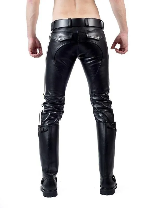 Men's Real Leather Pants With White Stripes