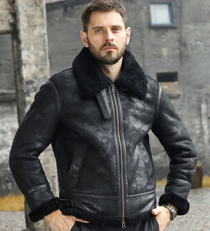 Mens Winter Style Black Snuff Fur Leather Jacket