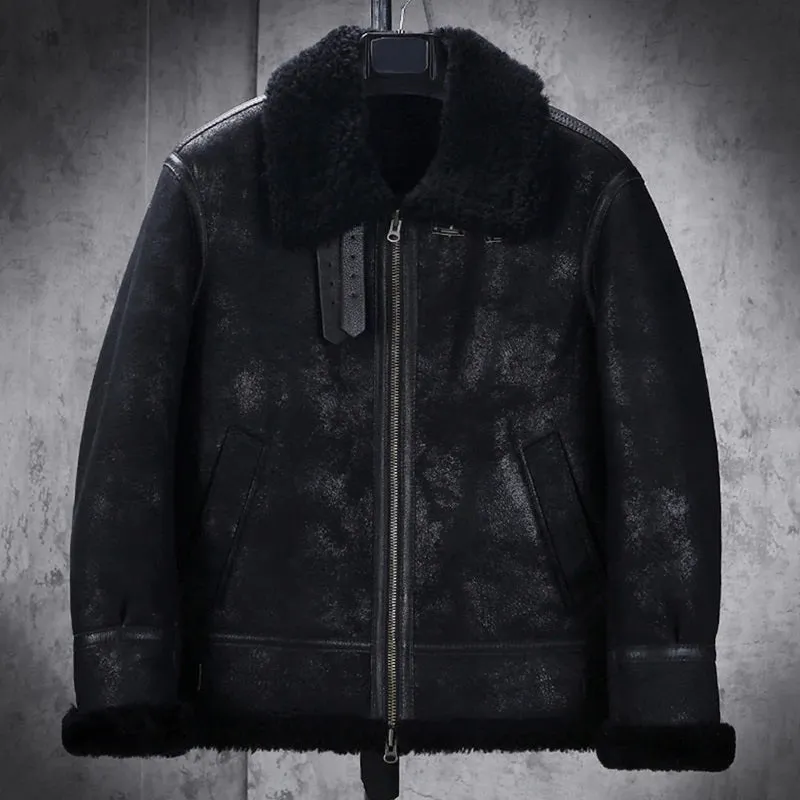 Mens Winter Style Black Snuff Fur Leather Jacket