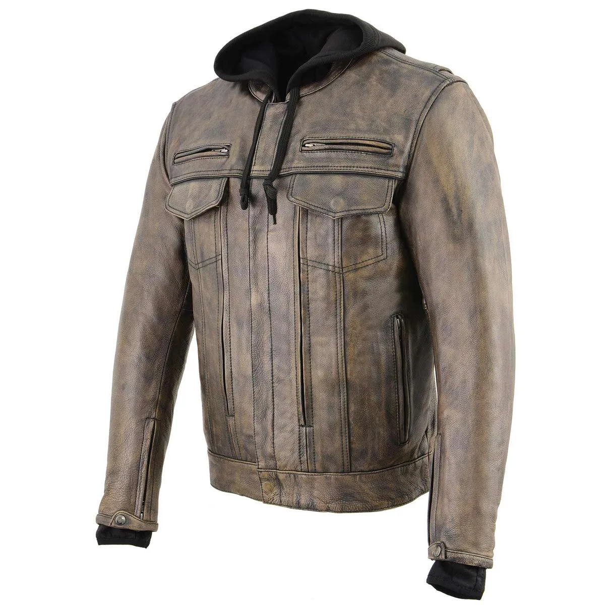 Milwaukee Leather MLM1538 Men's Distressed Brown Leather ‘Utility Pocket’ Vented Jacket with Removable Hoodie