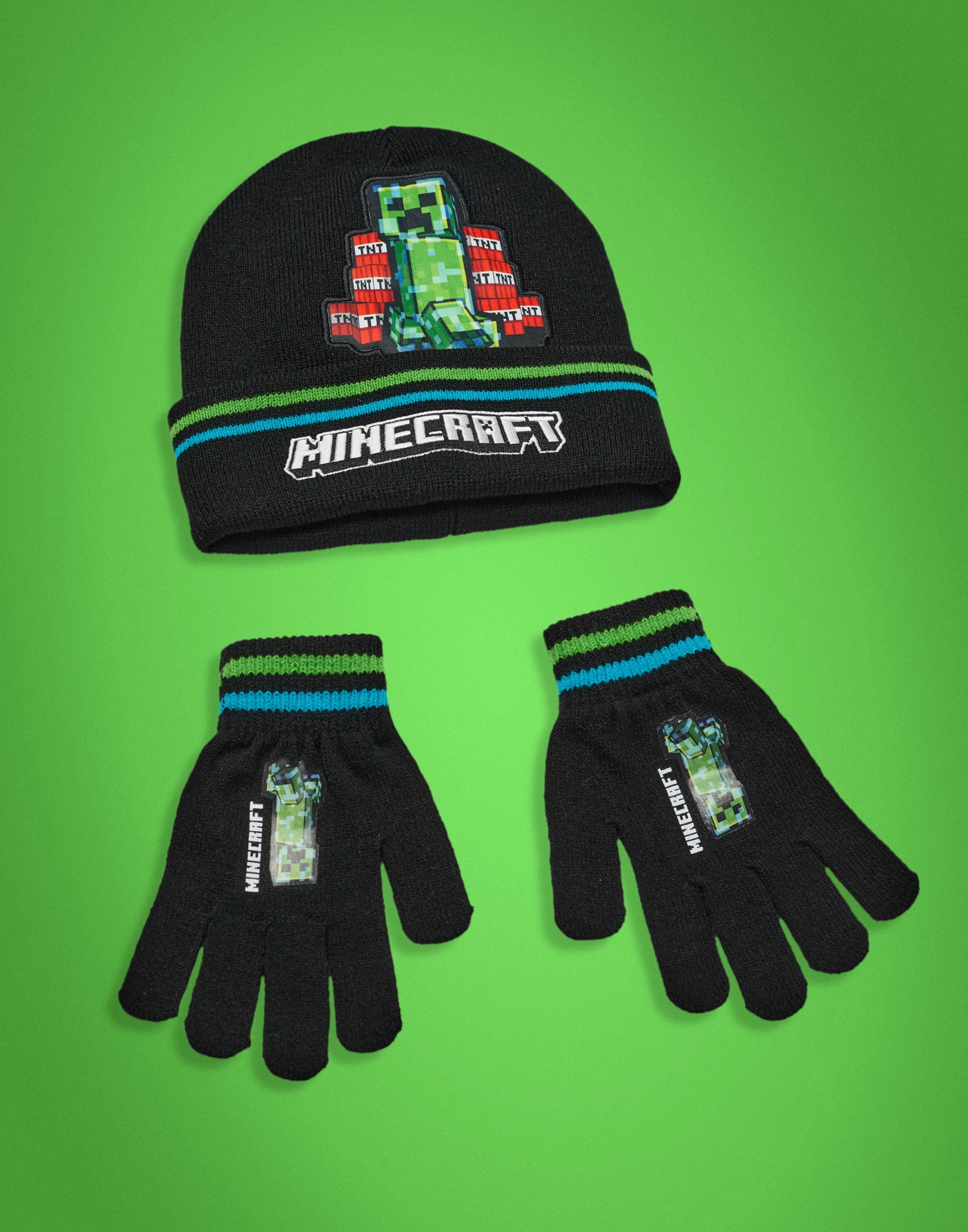 Minecraft Creeper & TNT Boys Black Beanie and Gloves Set