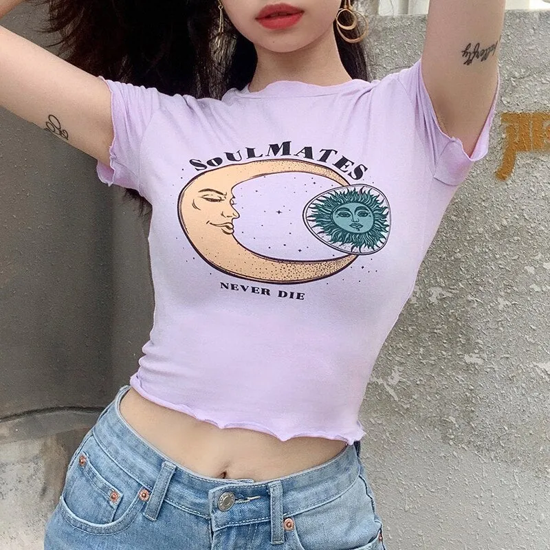 Moon And Sun Printed Cute Summer Crop Tops Short Sleeve O Neck Tees