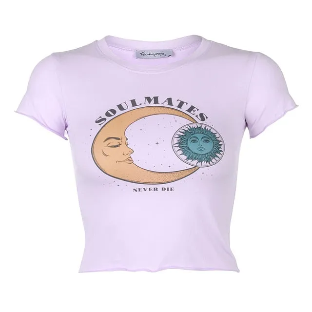 Moon And Sun Printed Cute Summer Crop Tops Short Sleeve O Neck Tees