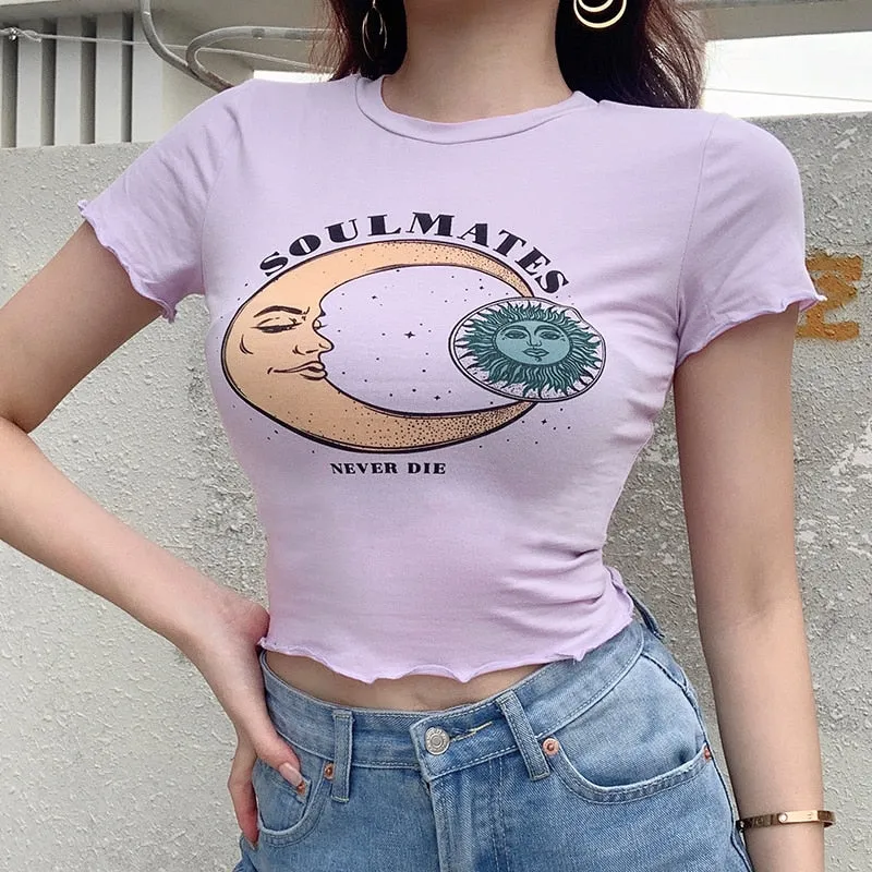 Moon And Sun Printed Cute Summer Crop Tops Short Sleeve O Neck Tees