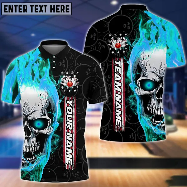 Multil Color Bowling Fire Skull Art Multicolor Option Customized Name 3D Polo Shirt, Gift for Bowler