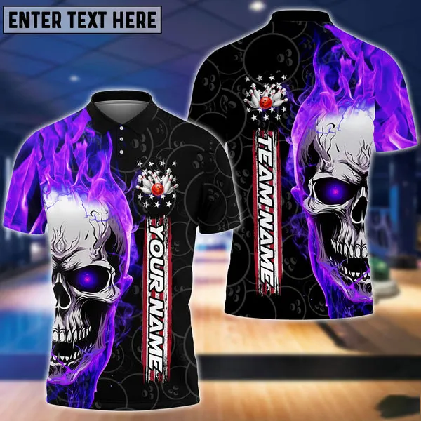 Multil Color Bowling Fire Skull Art Multicolor Option Customized Name 3D Polo Shirt, Gift for Bowler