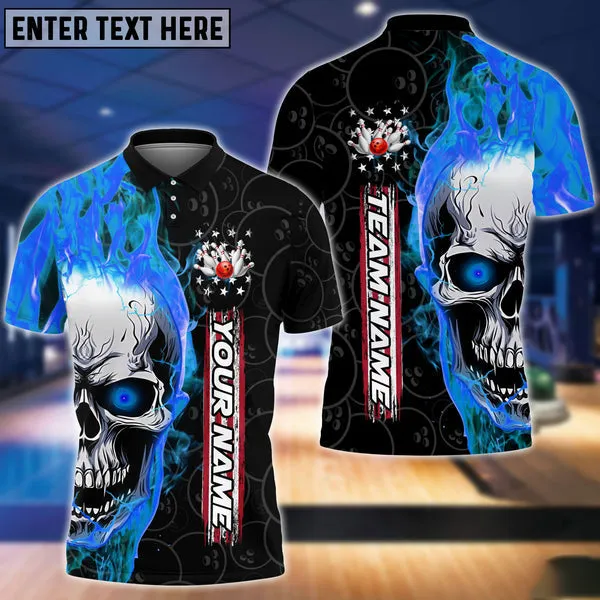 Multil Color Bowling Fire Skull Art Multicolor Option Customized Name 3D Polo Shirt, Gift for Bowler