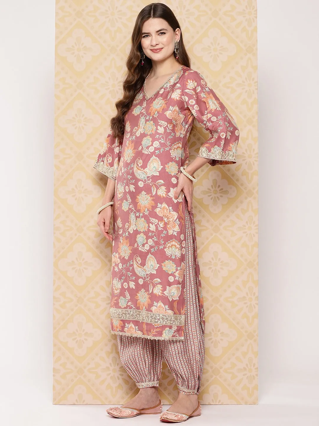 Peach-Coloured Printed Kurta With Harem Pants With Dupatta