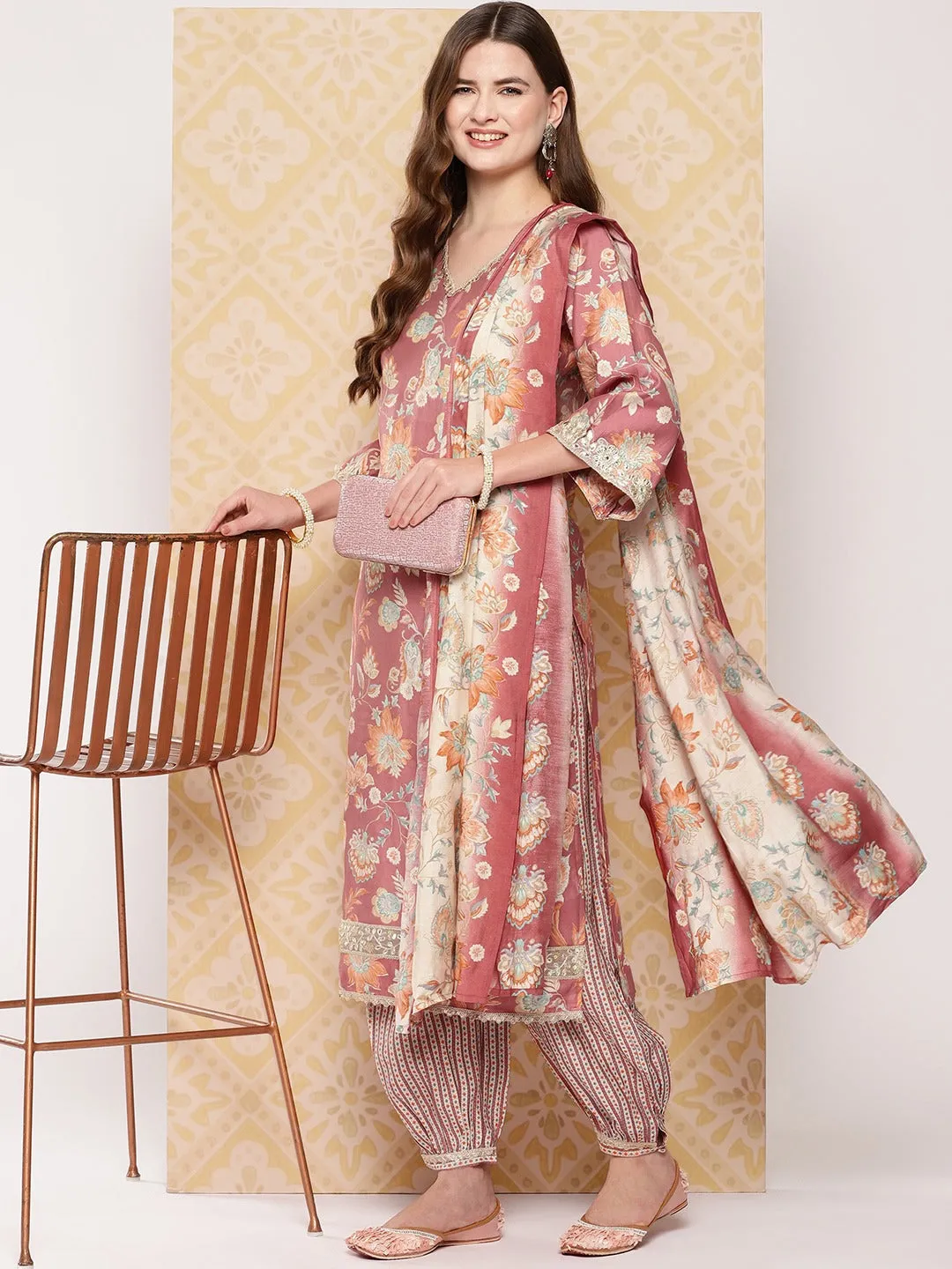 Peach-Coloured Printed Kurta With Harem Pants With Dupatta