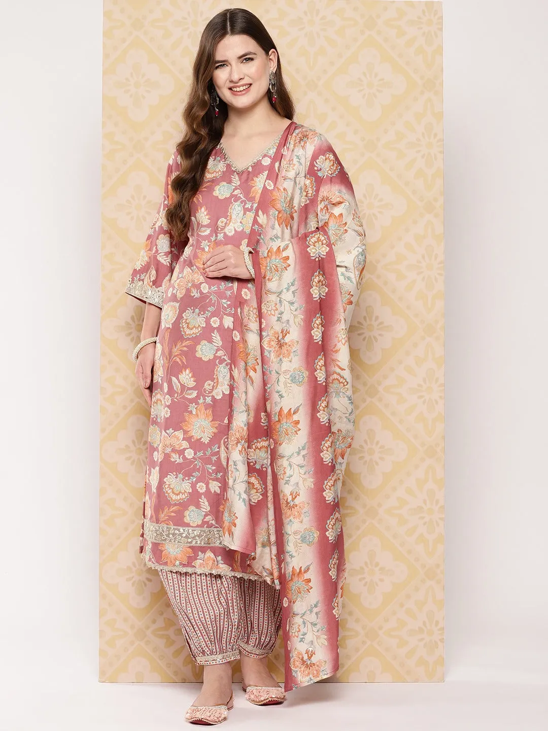 Peach-Coloured Printed Kurta With Harem Pants With Dupatta