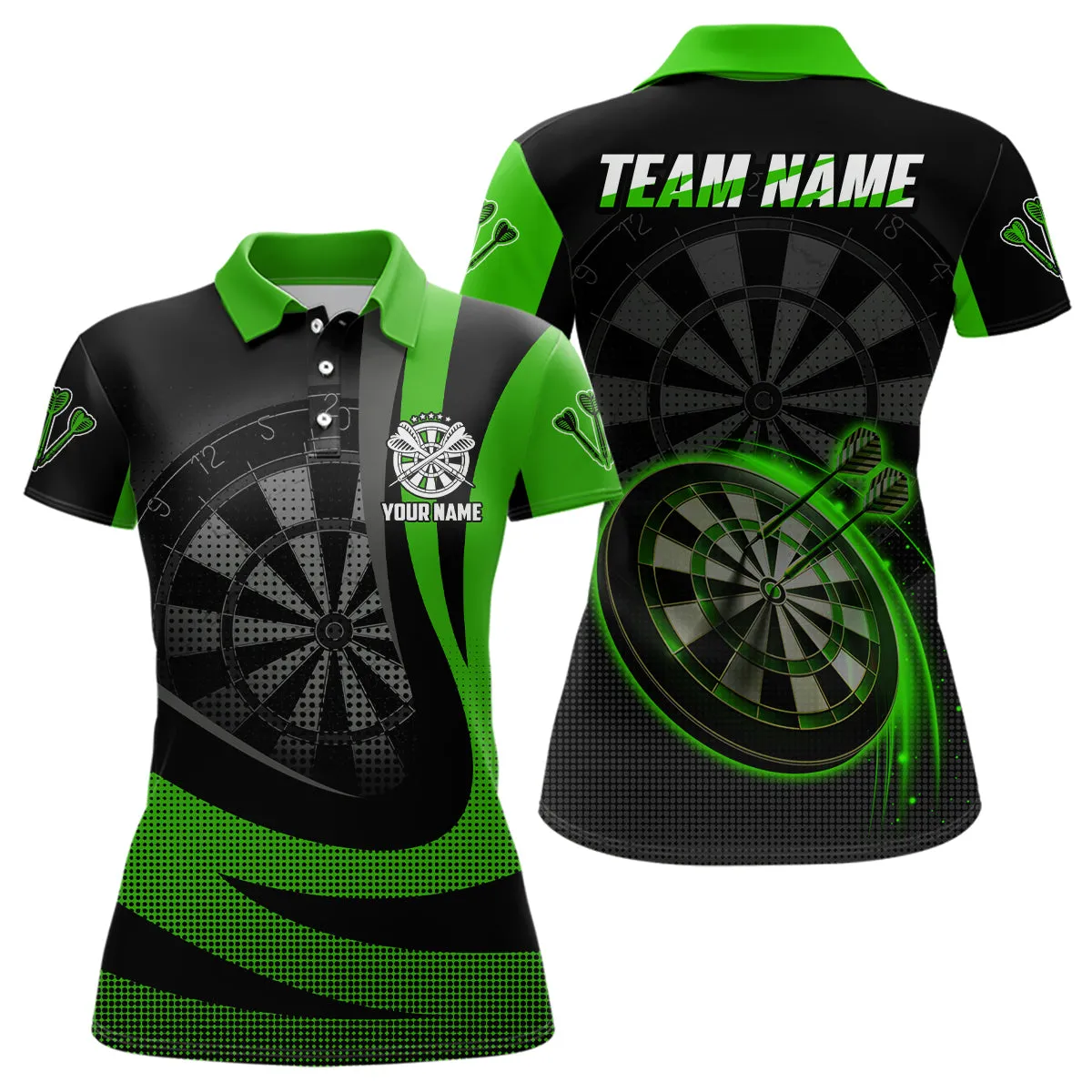 Personalized Black Green Darts Womens Polo Shirt, Custom Darts 3D Shirt, Perfect Gift for Dart Player