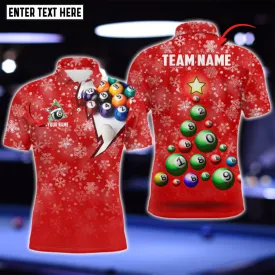 Personalized Christmas Tree Billiard Balls 3D Polo Shirt, Pine Tree Ball Billiard Shirt, Gift for Men Women