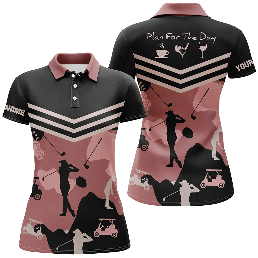 Plan For The Day Coffee Golf Wine Womens Golf Polo Shirts Custom Pink Camo Team Golf Shirts Ladies