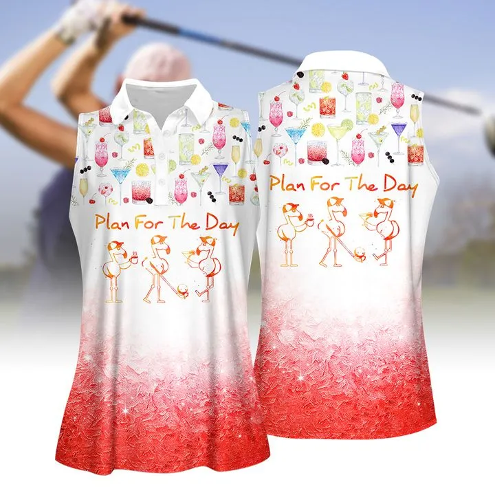 Plan For The Day Drink Cocktail Flamingo Women Golf Apparels, Women Short Sleeve Polo Shirt, Sleeveless Polo Shirt