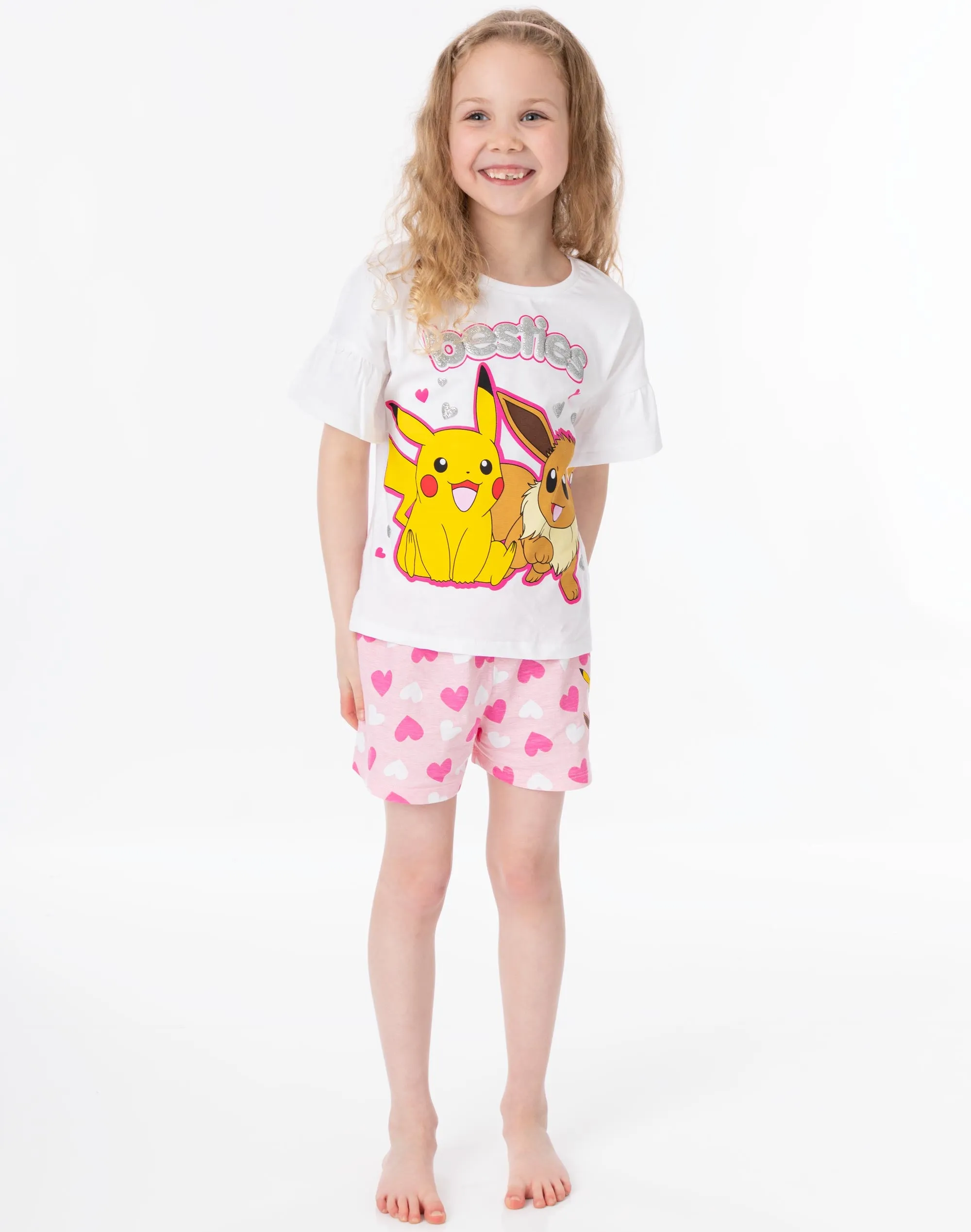 Pokemon Pikachu, Eeevee Unisex Kids White Short Sleeve Short Leg Pyjama Set