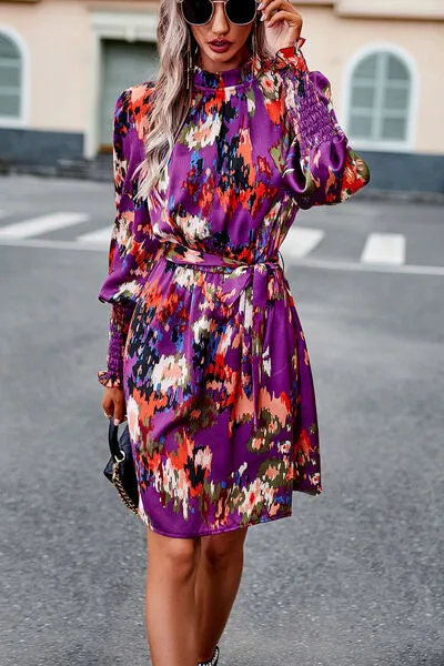 Printed Tie Waist Mock Neck Lantern Sleeve Dress