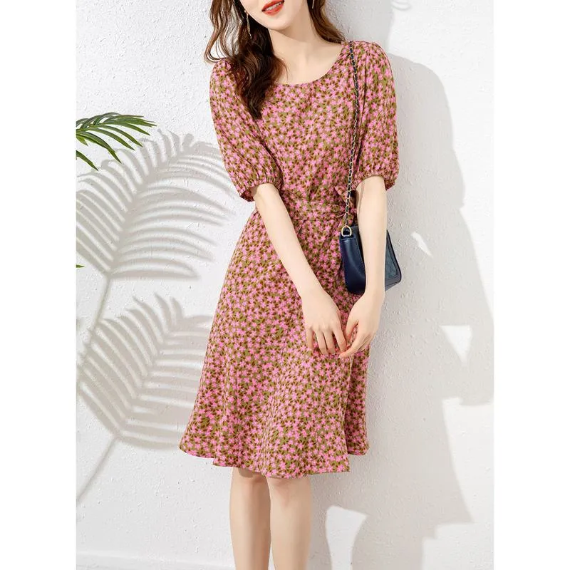 Retro Slimming Floral Print Cinched Waist French Style Fish Tail Dress