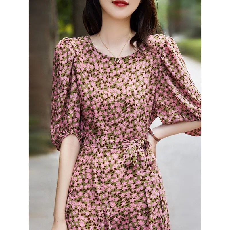 Retro Slimming Floral Print Cinched Waist French Style Fish Tail Dress