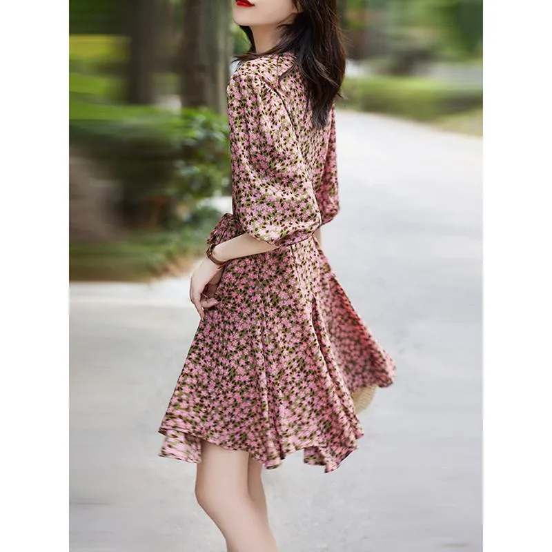 Retro Slimming Floral Print Cinched Waist French Style Fish Tail Dress