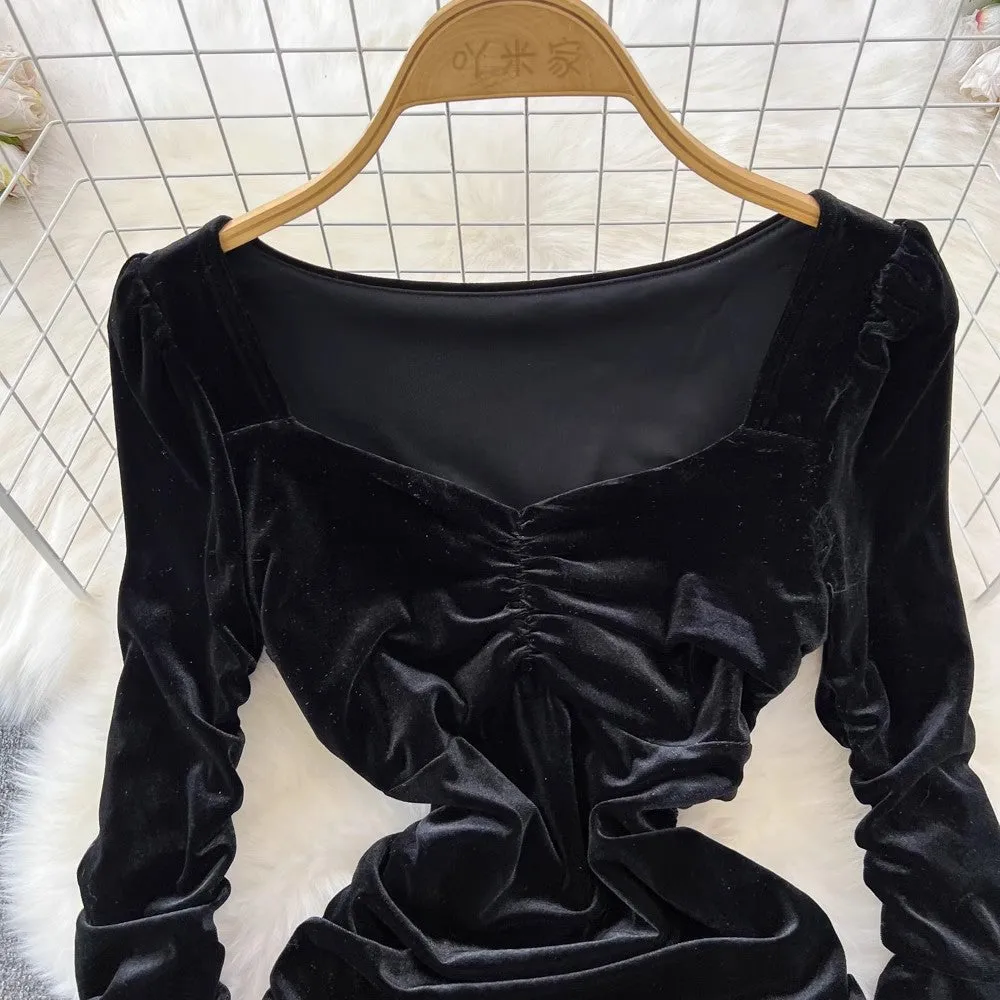 sexy long-sleeved V-neck pleated velvet dress       S4348