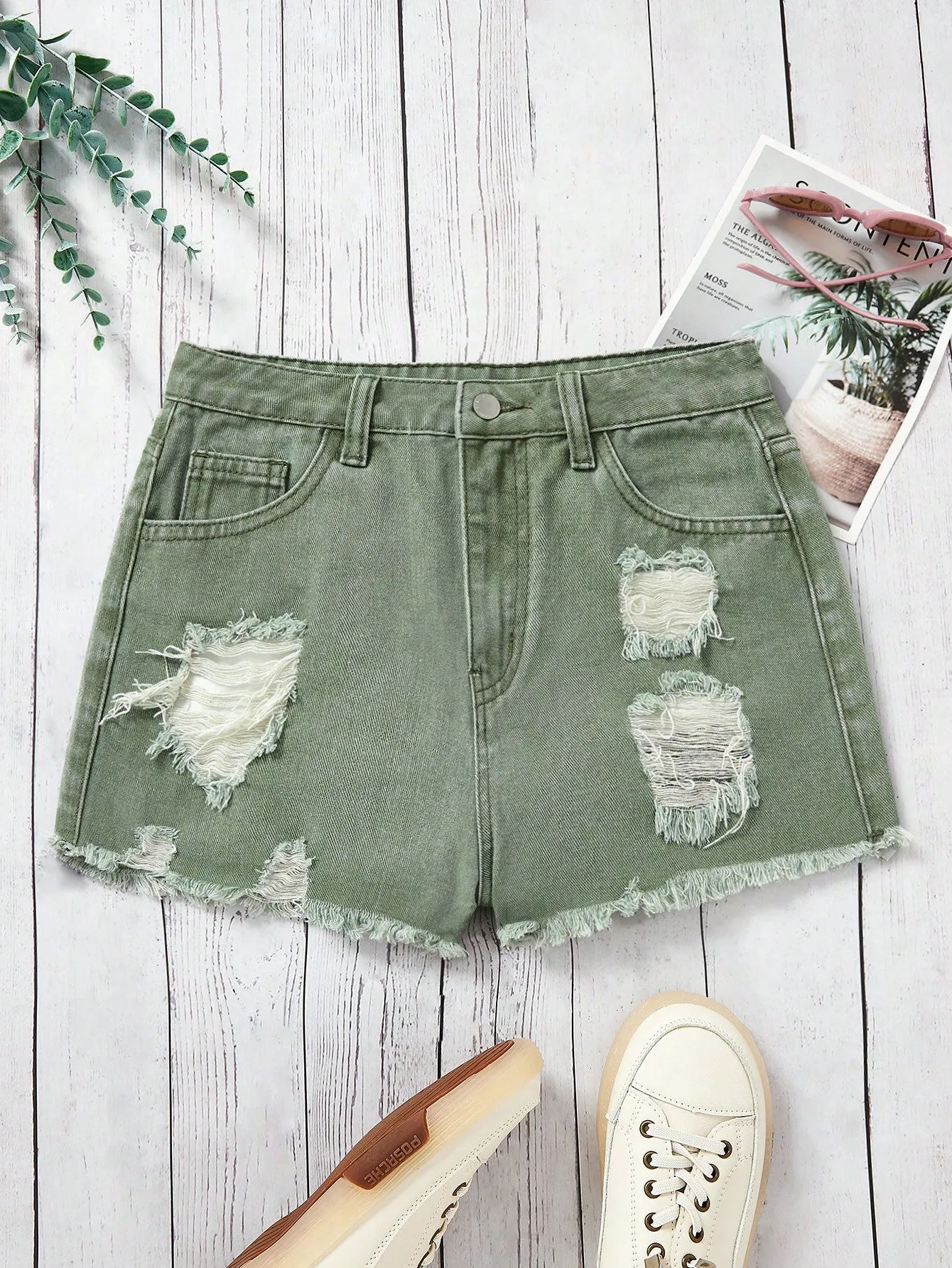 SHEIN Teen Girls Ripped Raw Trim Denim Shorts