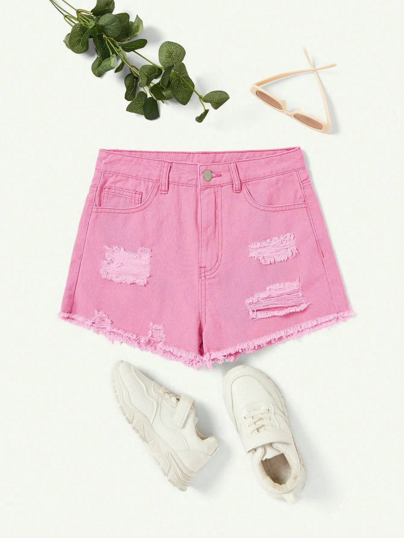 SHEIN Teen Girls Ripped Raw Trim Denim Shorts