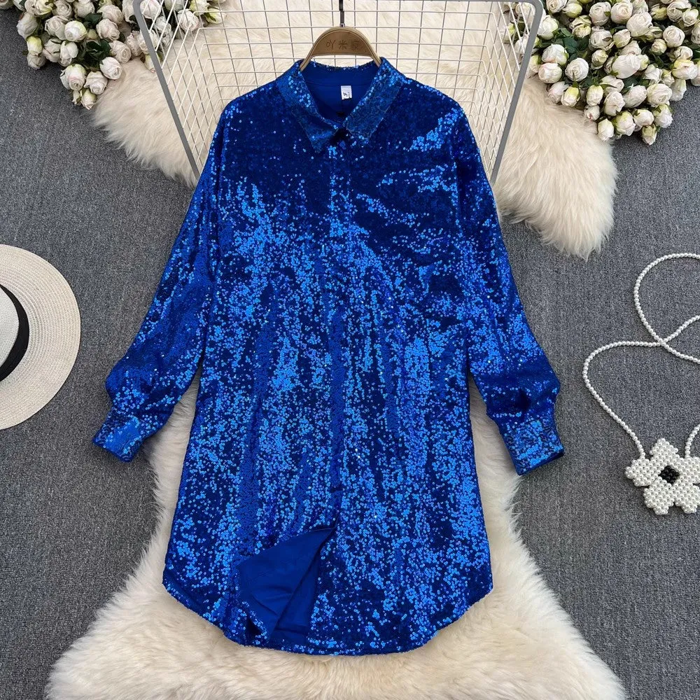 shiny sequined long-sleeved mid-length shirt dress fashionable a-line dress for women    S4207