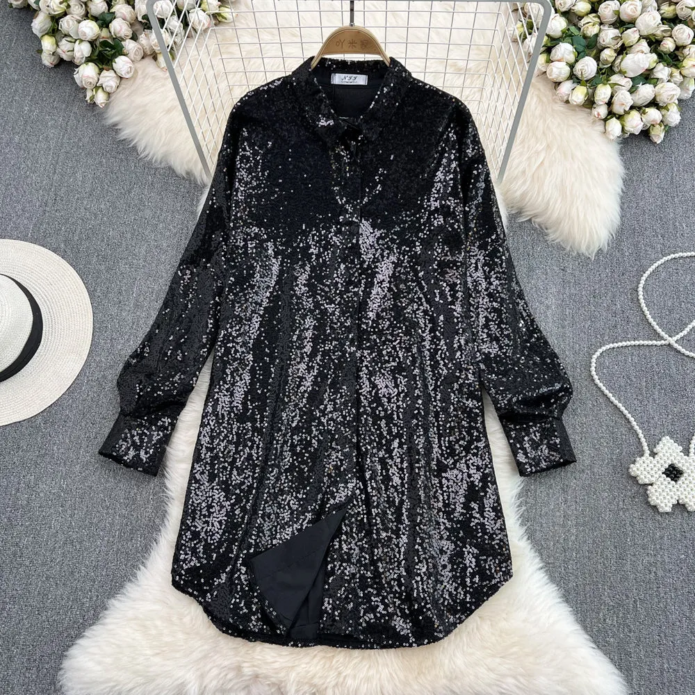 shiny sequined long-sleeved mid-length shirt dress fashionable a-line dress for women    S4207