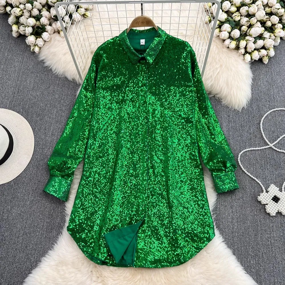 shiny sequined long-sleeved mid-length shirt dress fashionable a-line dress for women    S4207