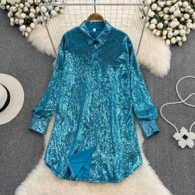 shiny sequined long-sleeved mid-length shirt dress fashionable a-line dress for women    S4207