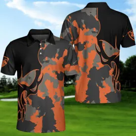 Skull Orange Camouflage Golf Polo Shirt, Streetwear Camo Golf Shirt For Men Coolspod