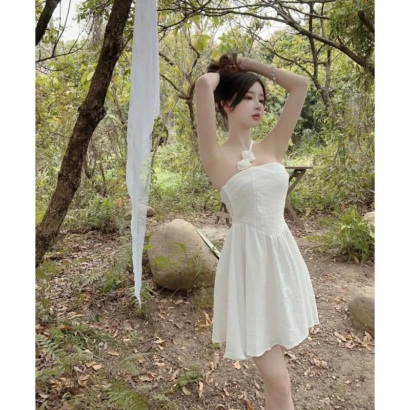 Slimming Fluffy Halter Rose Strapless Solid Dress