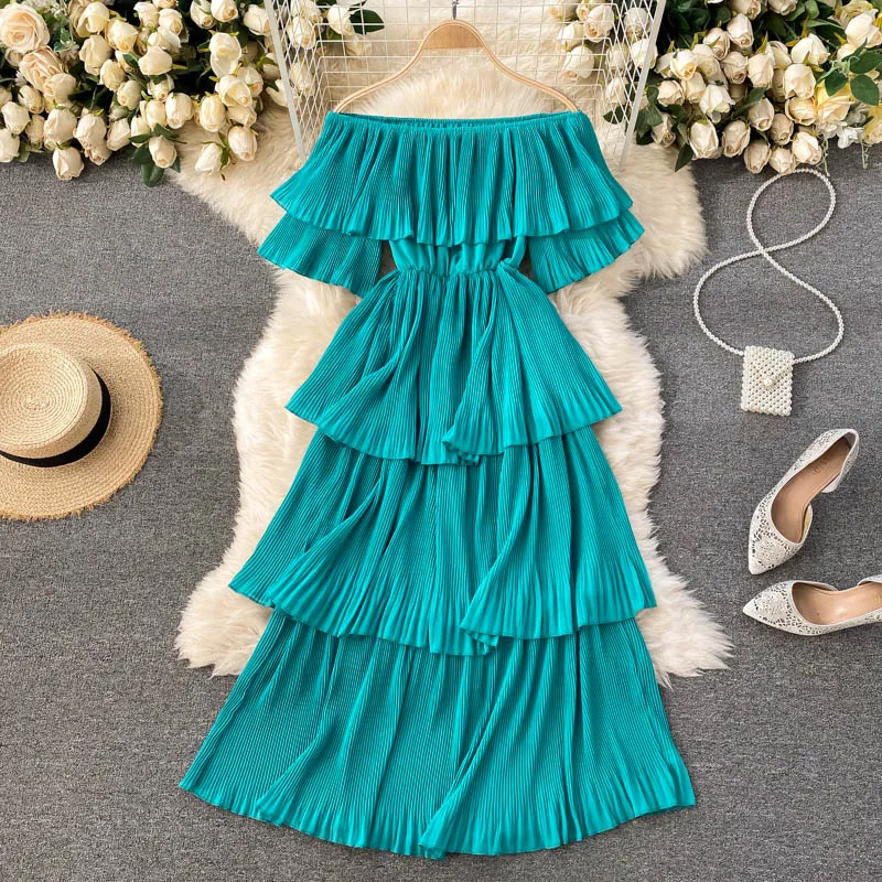 Spring Party Dress Women Off Shoulder Layer Ruffles Slim Chiffon     S550