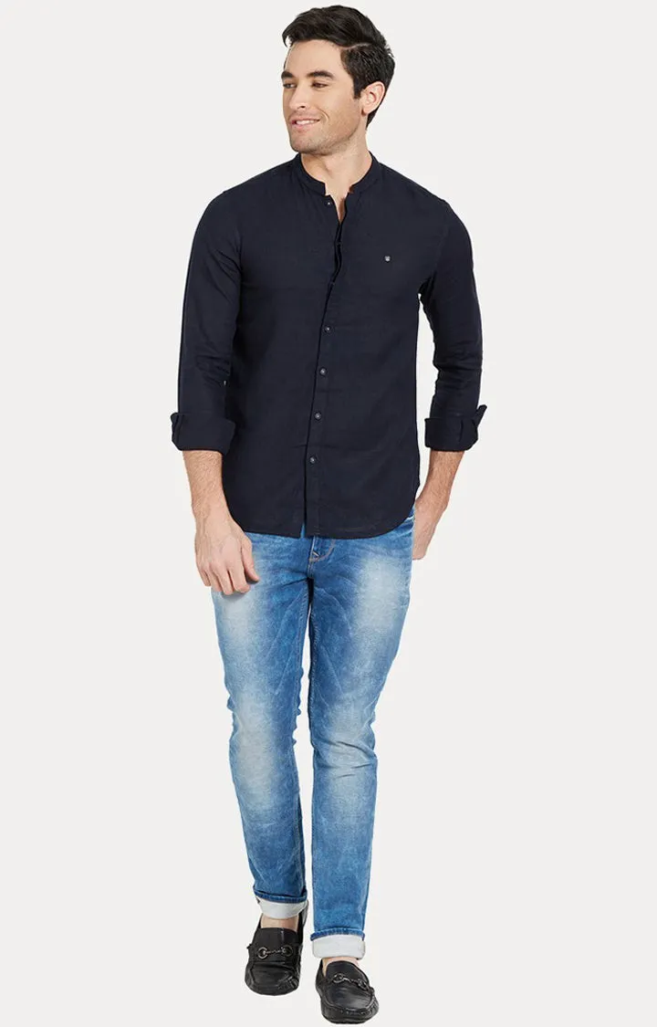 Spykar Blue Linen Slim Fit Shirts For Men