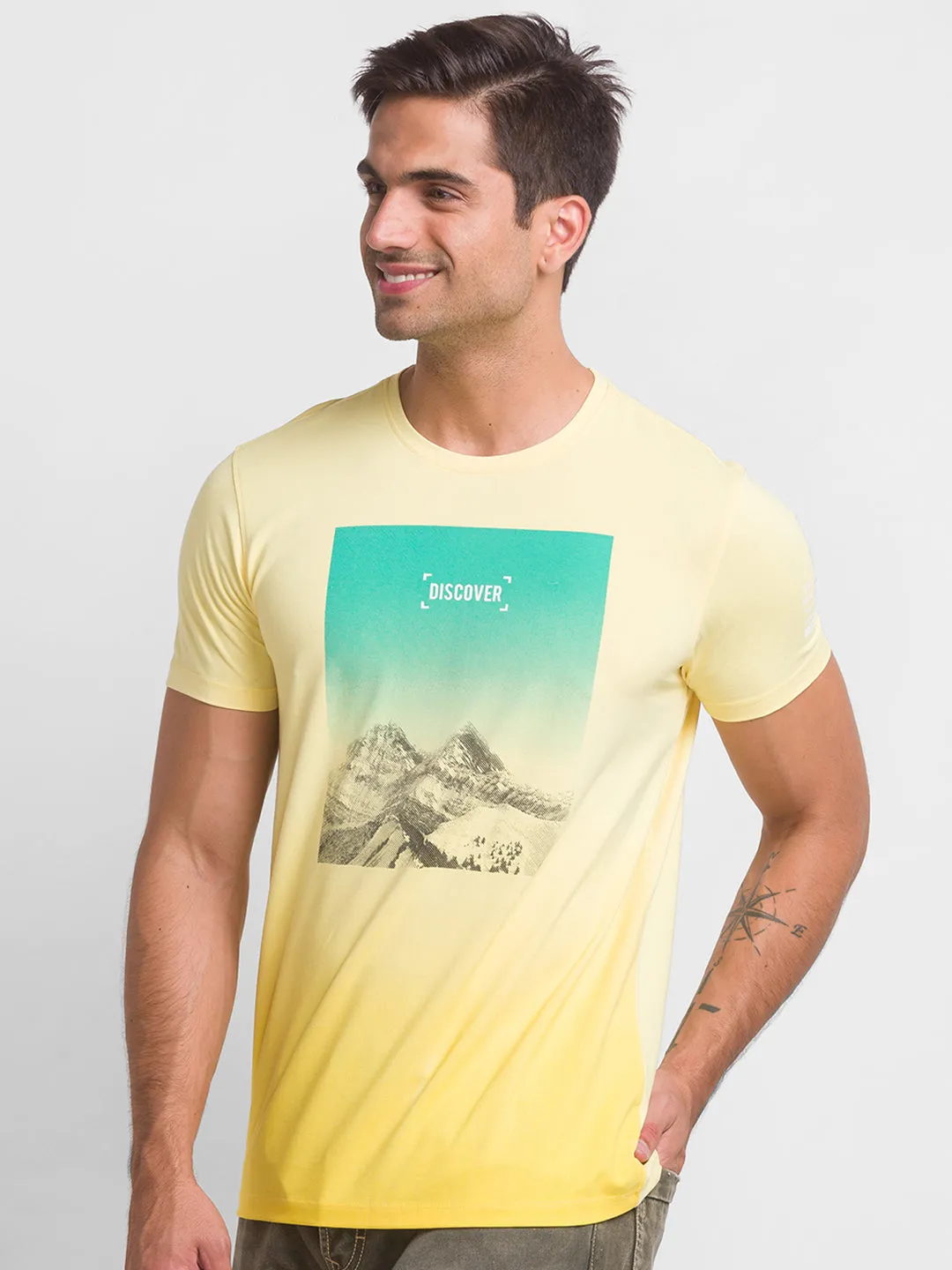 Spykar Butter Yellow Cotton Half Sleeve Printed Casual T-Shirt For Men