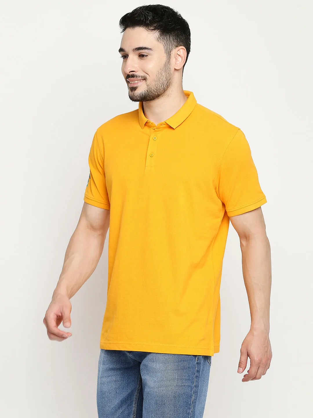 Spykar Chrome Yellow Cotton Half Sleeve Plain Polo T-Shirts For Men