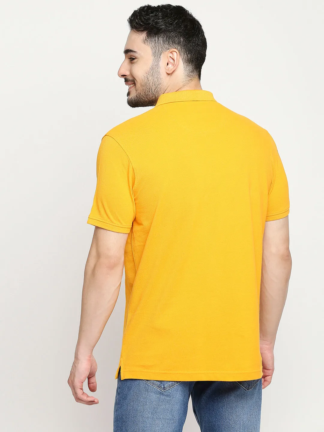 Spykar Chrome Yellow Cotton Half Sleeve Plain Polo T-Shirts For Men