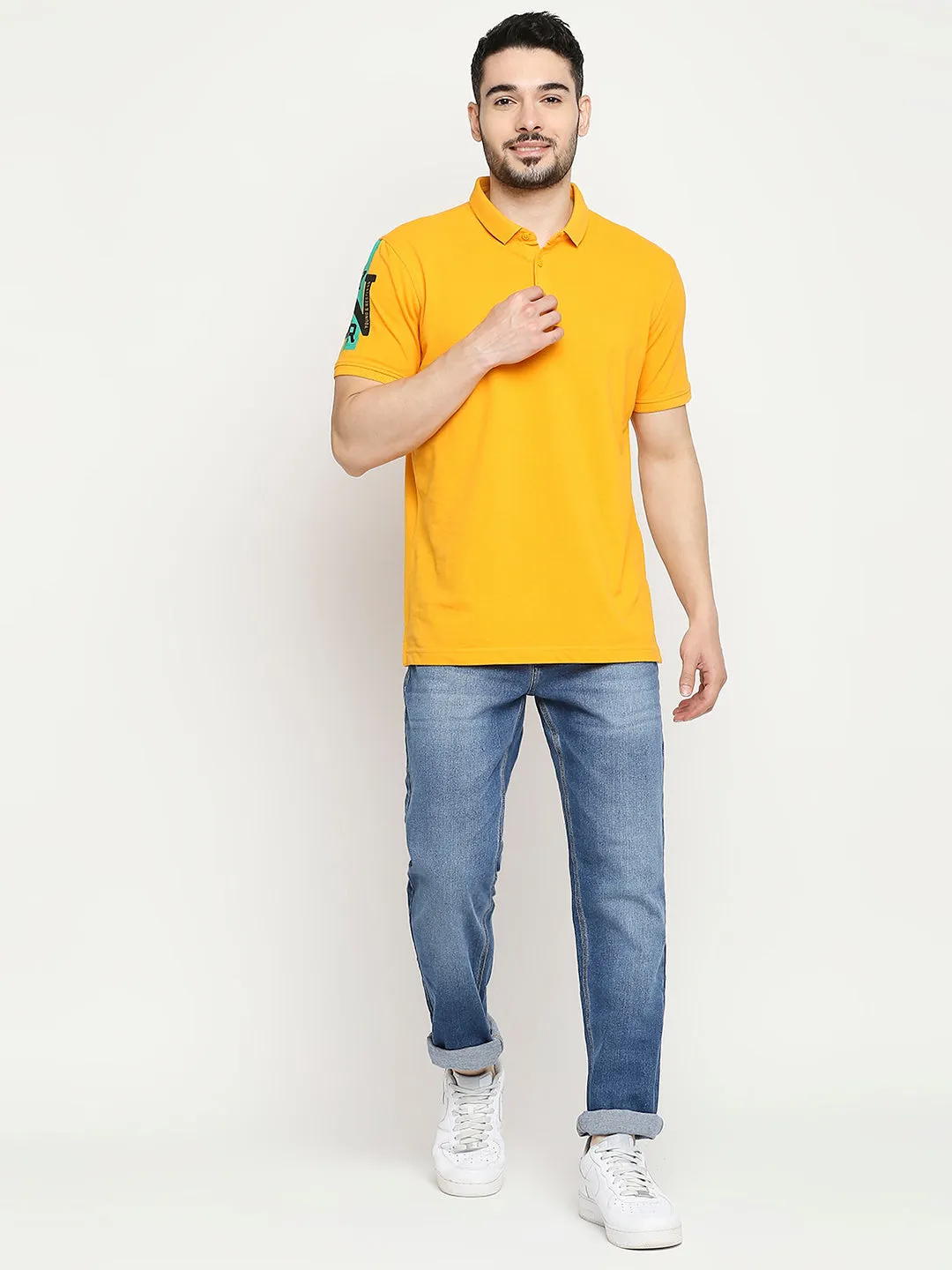 Spykar Chrome Yellow Cotton Half Sleeve Plain Polo T-Shirts For Men