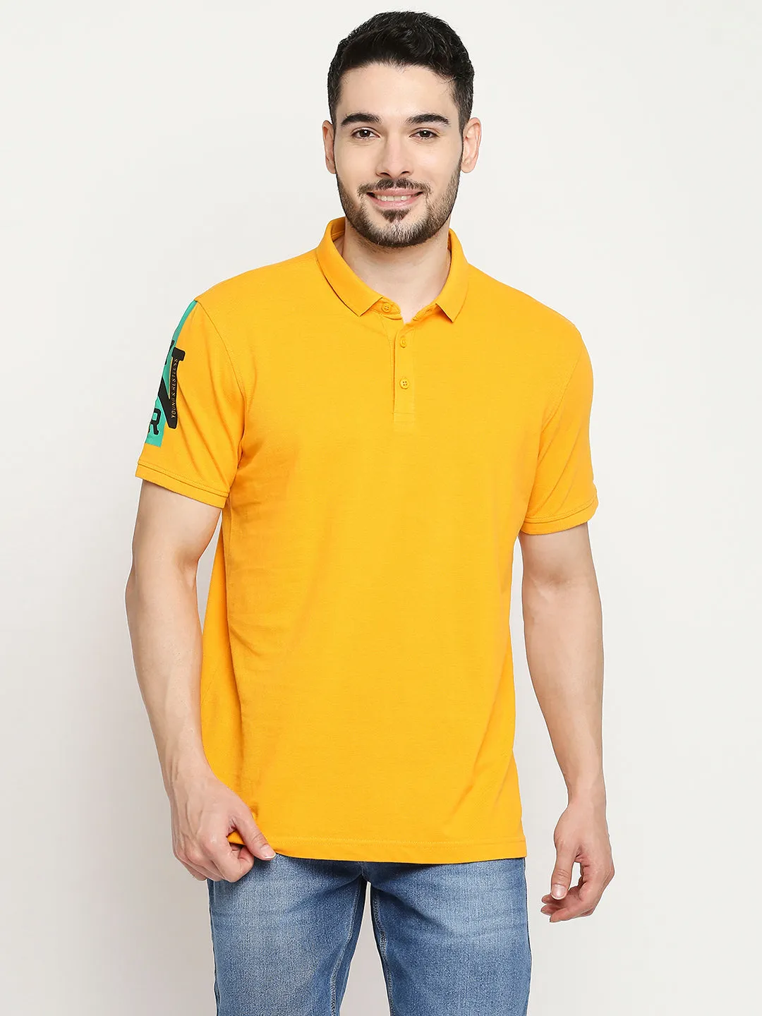 Spykar Chrome Yellow Cotton Half Sleeve Plain Polo T-Shirts For Men