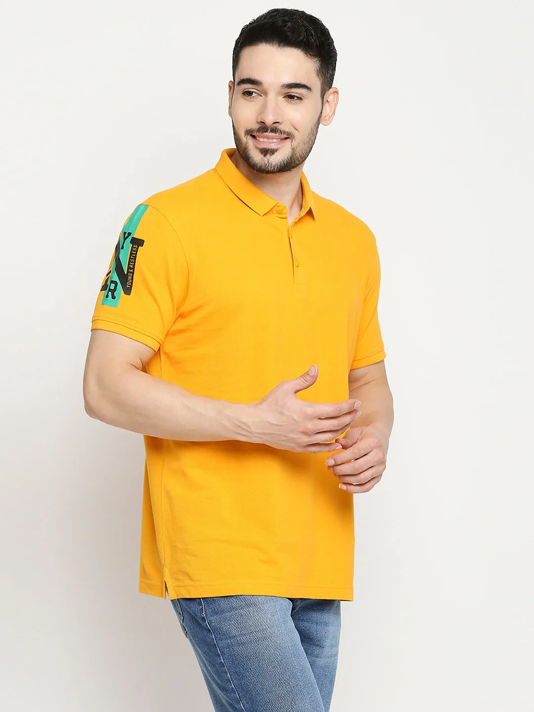 Spykar Chrome Yellow Cotton Half Sleeve Plain Polo T-Shirts For Men