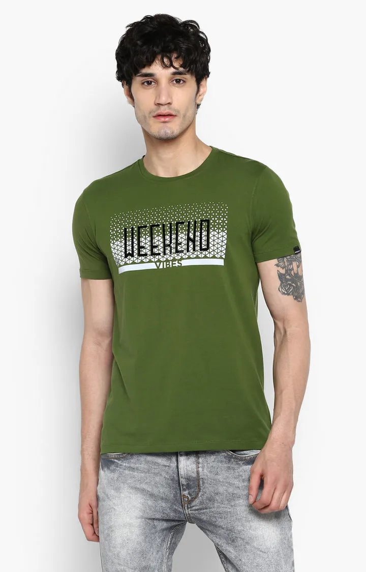 Spykar Forest Green Printed Slim Fit Men T-Shirts