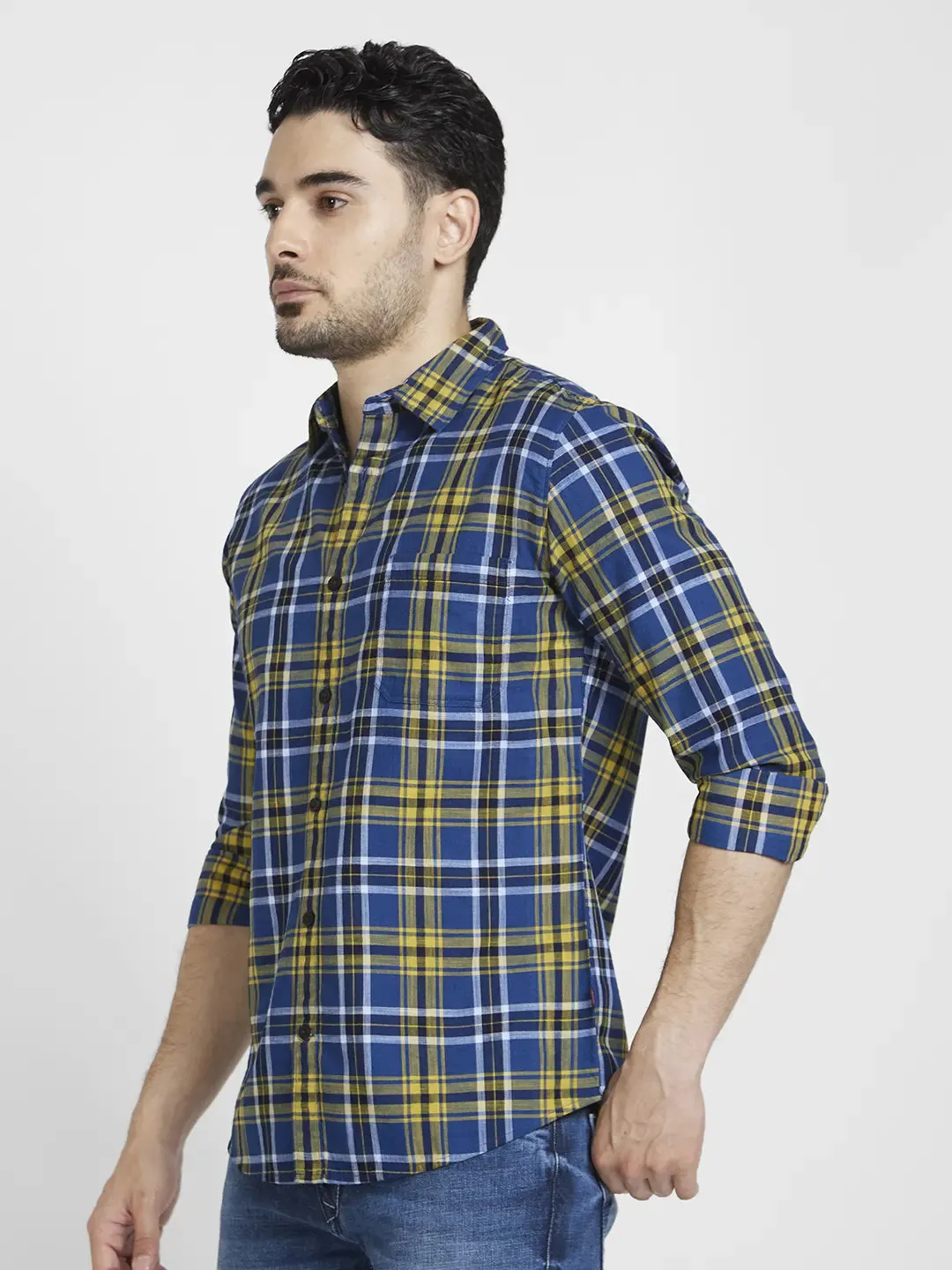 Spykar Men Amber Yellow Cotton Regular Slim Fit Full Sleeve Checkered Shirt